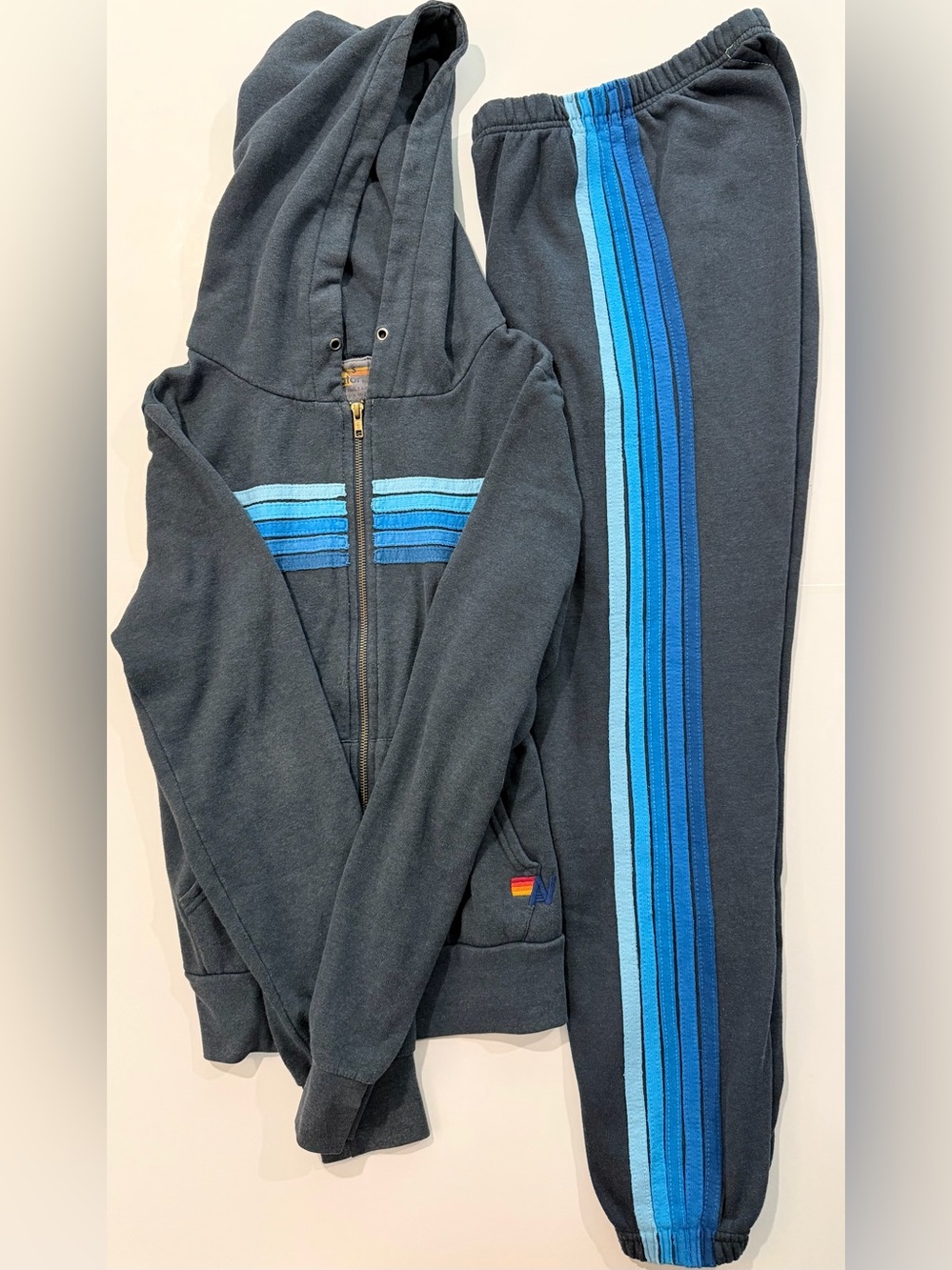Aviator Nation 5 Stripe Tonal Blue Navy Charcoal Sweatsuit Set Small